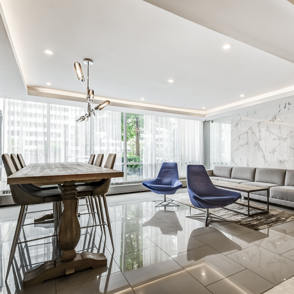 Lobby space at High Park Village apartments in Toronto.